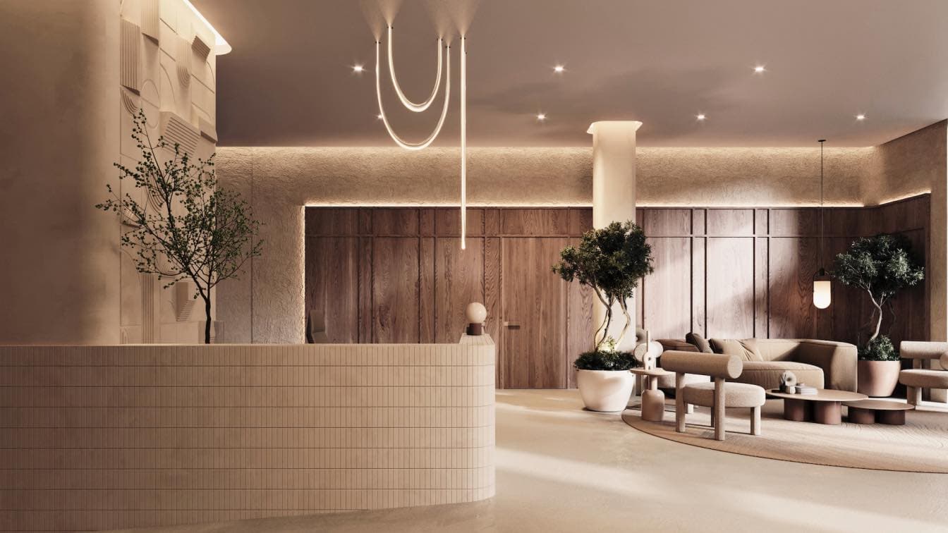 Warm reception and lounge interior with natural materials and sculptural furnishings